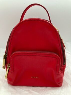 Fossil Small Red Leather versatile Backpack or crossbody bag with Gold Hardware
